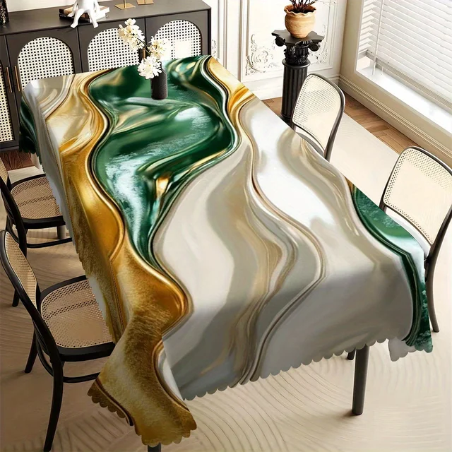 Nappe de luxe à motif marbré tourbillonnant, design artistique fluide vert, or et blanc avec bord festonné, résistante aux taches pour salle à manger 1