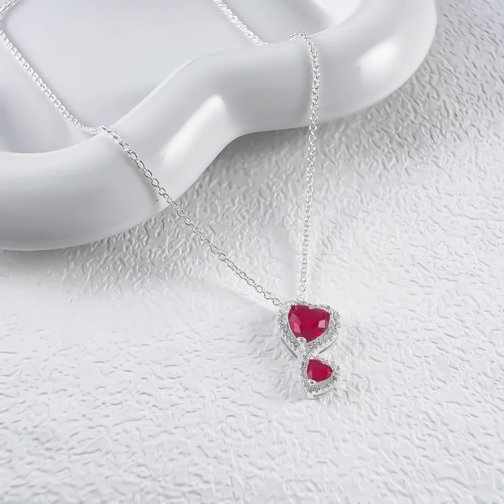925 Sterling Silver Sparkling Double Red Love Zircon Jewelry Set Earring Necklace Ring for Women's Valentine's Day Gift
