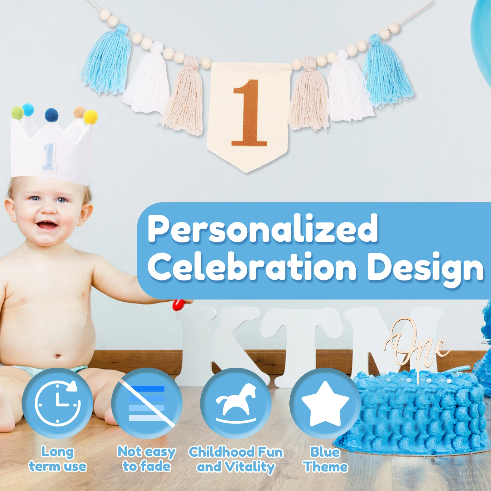 3pcs Baby First Birthday High Chair Banner Crown Hat and Cake Topper Boy Girl One Year Old Birthday Party Decoration Supplies