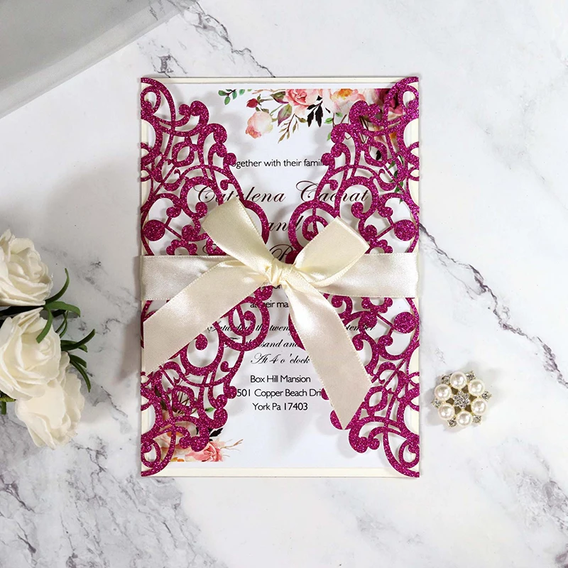 10PCS Laser Cut Blue Glitter Wedding Invitations with Ribbon – Elegant Gold Glitter Gre... - SKU LCIC0857 - UGI Packaging