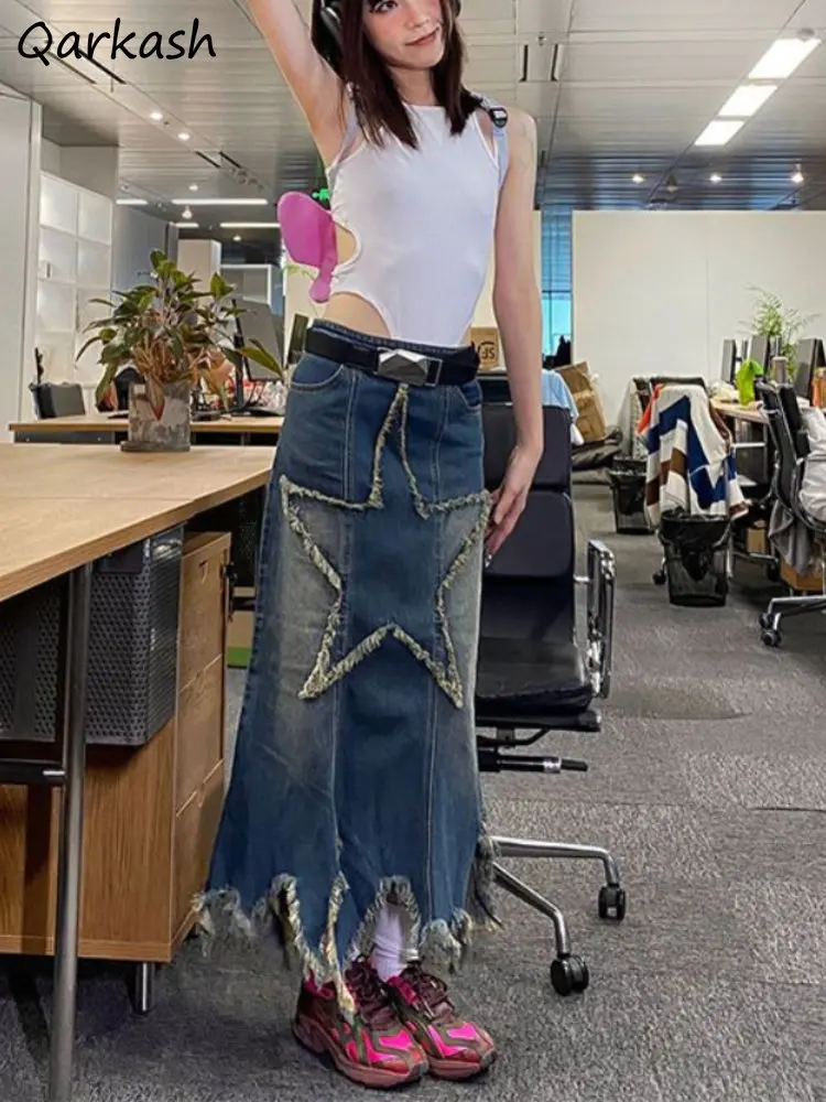 

Skirts Women Distressed Washed Chic Streetwear Tender Midi Patchwork A-line Casual Summer Korean Style Ulzzang Vintage Fashion