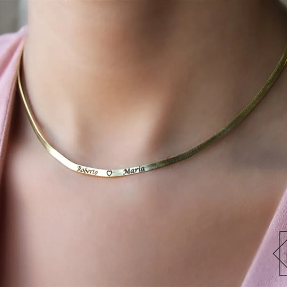 Italian Snake Chain Custom Engraved Name Necklace Herringbone