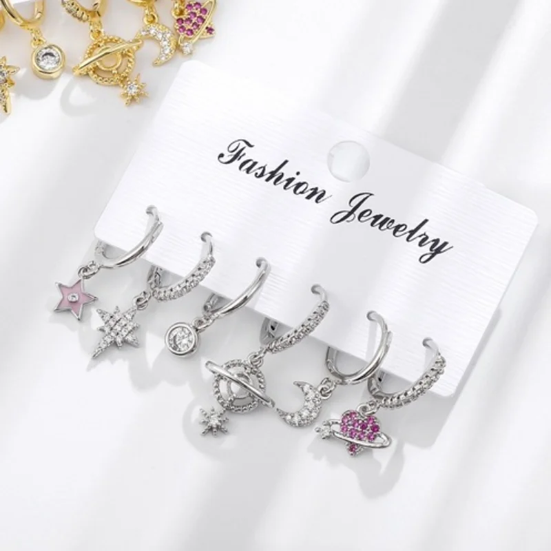 6Pcs/set Geometric Star Moon Rhinestones Hoop Earrings Sets for Women Colorful Zircon Earrings Fashion Jewelry Gift