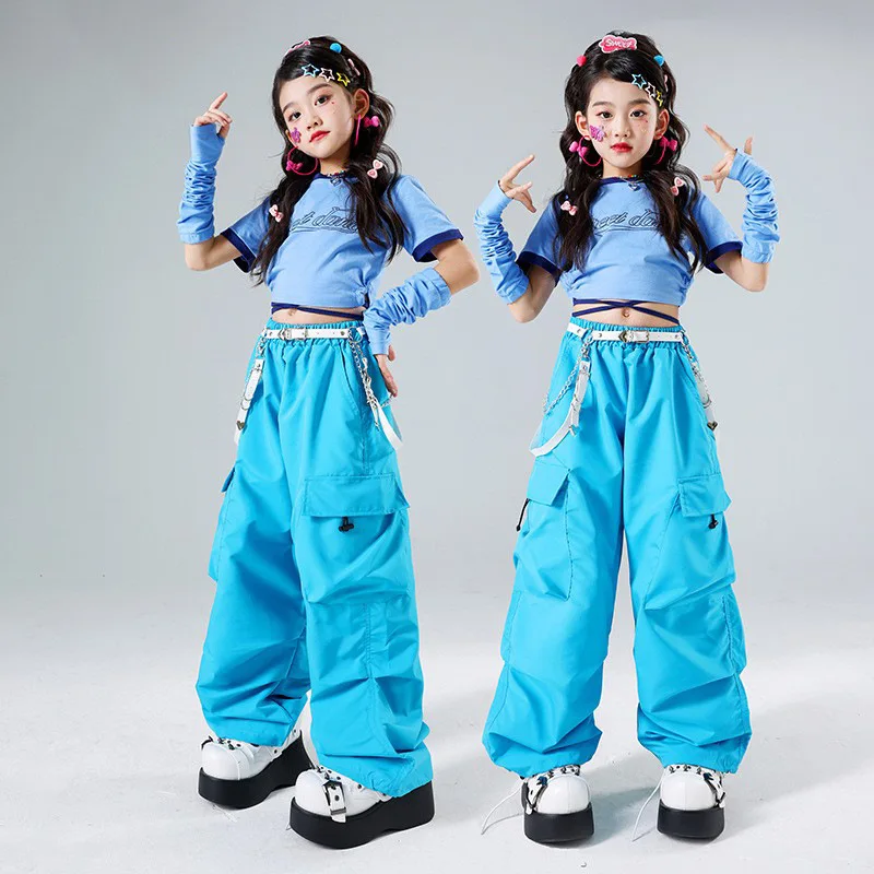 

Укороченный топ для девочек в стиле хип-хоп, уличные танцевальные синие брюки-карго, Детская уличная одежда, красивые наряды, детские костюмы для джазовых чарлидинга, комплекты одежды