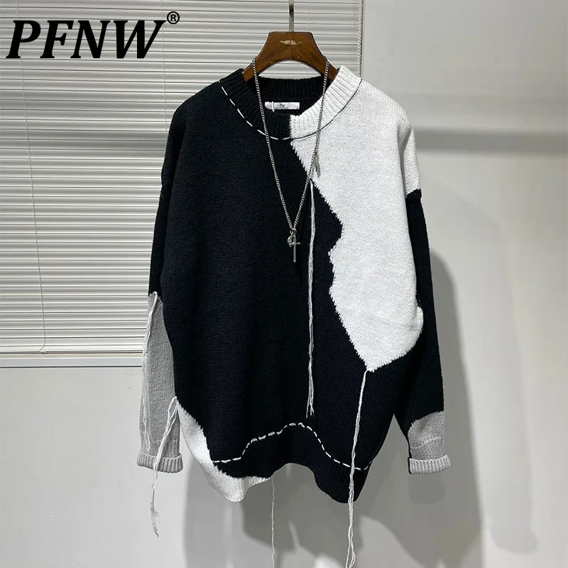 

PFNW Autumn Winter Original Darkwear Style Personalized Black And White Irregular Color Spliced Sweater Men's Tide Tops 12Z2390