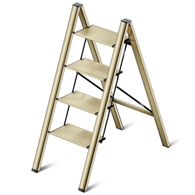 Ladnamy Champagne 4 Step Foldable Miter Ladder Household Small Ladder Thickened Aluminum Alloy Stairs Stool