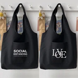 2022 Commuter Bag Shoulder Bag Harajuku Woman Bag Casual Tote Bag Shopping Handbag Simple Text Pattern Printed Canvas Bag Black