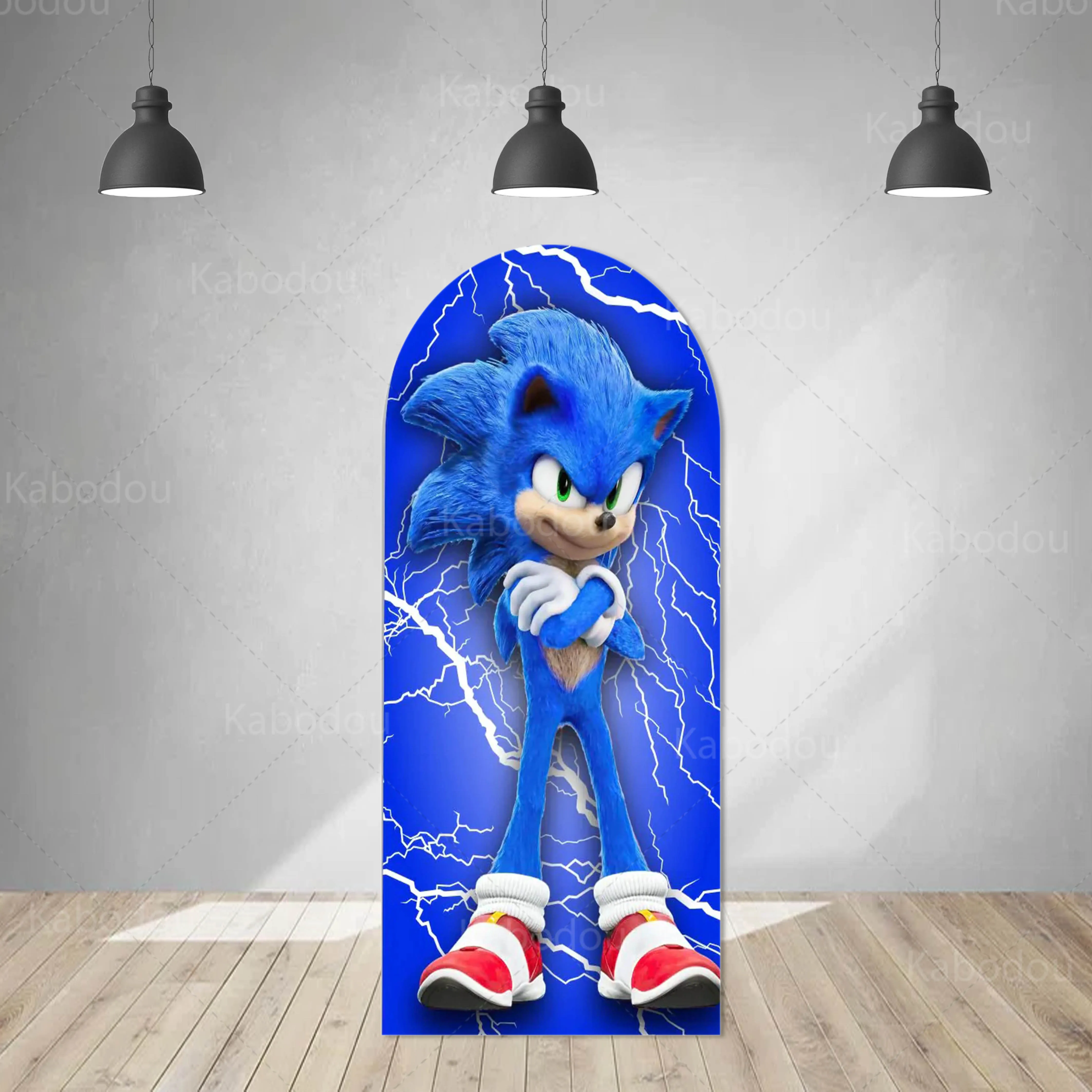 thumbnail image 1 of Fondo azul de Sonics con arco de doble cara para decoración de fiestas de cumpleaños de niños, fondo de fotografía con relámpagos, utilería de estudio de poliéster, 1 of 4