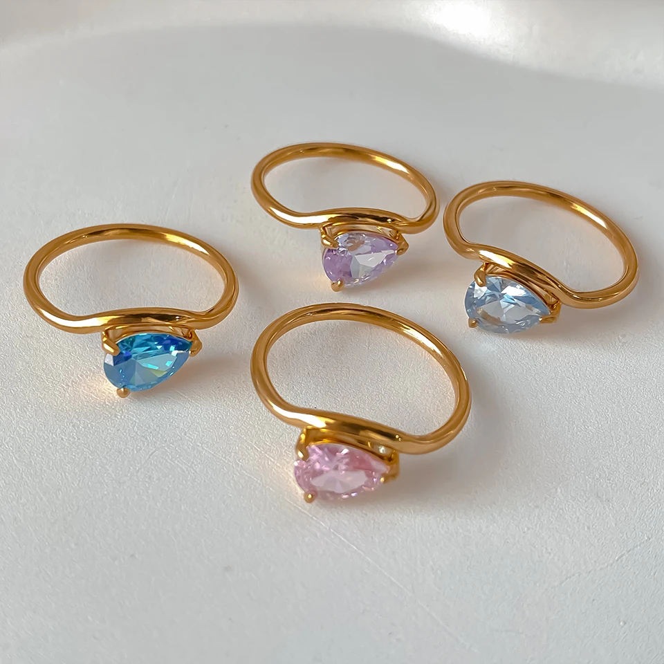 18K vergoldete Edelstahl-Geburtssteinringe für Damen, tropfenförmiger Zirkon, bunter Schmuck als Geschenk zum Jahrestag oder Geburtstag – Detail 3