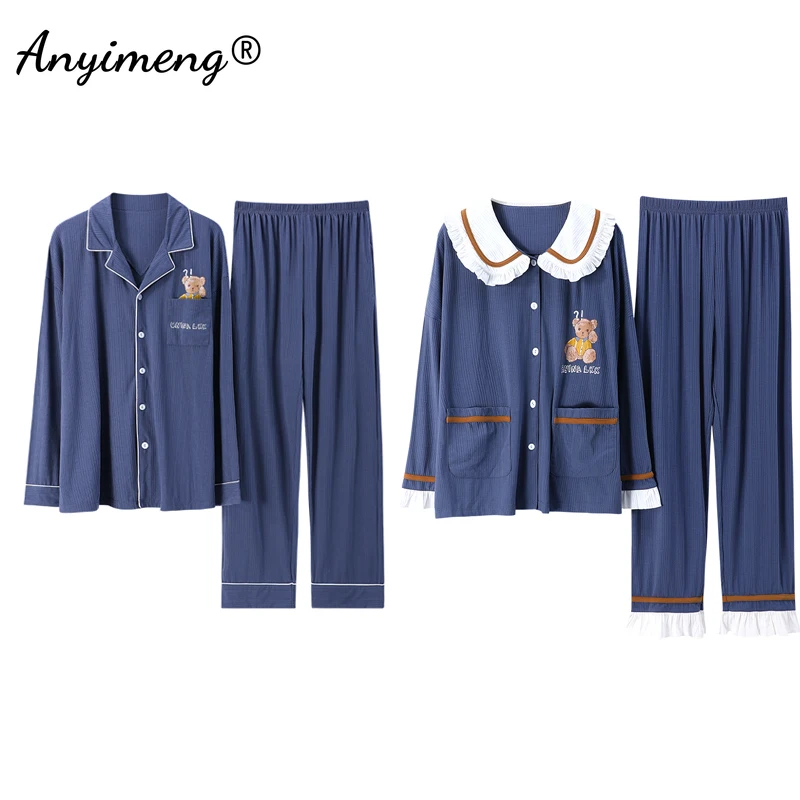 

New Spring Autumn Winter Soft Cotton Couple Pajamas Cute Bear Printing Turn-down Collar Deep Blue Sleepwear Fashion Pijamas