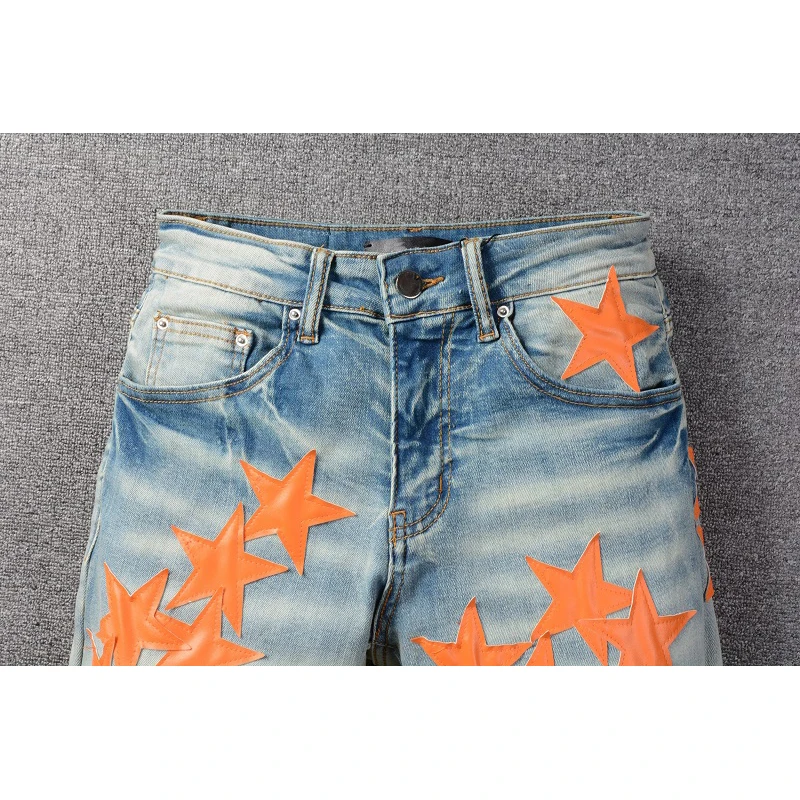 Best Sellers Men\'s Distressed Streetwear Light Blue Denim Pants Yellow Stars Patchwork Moustache Holes Ripped Jeans Pants