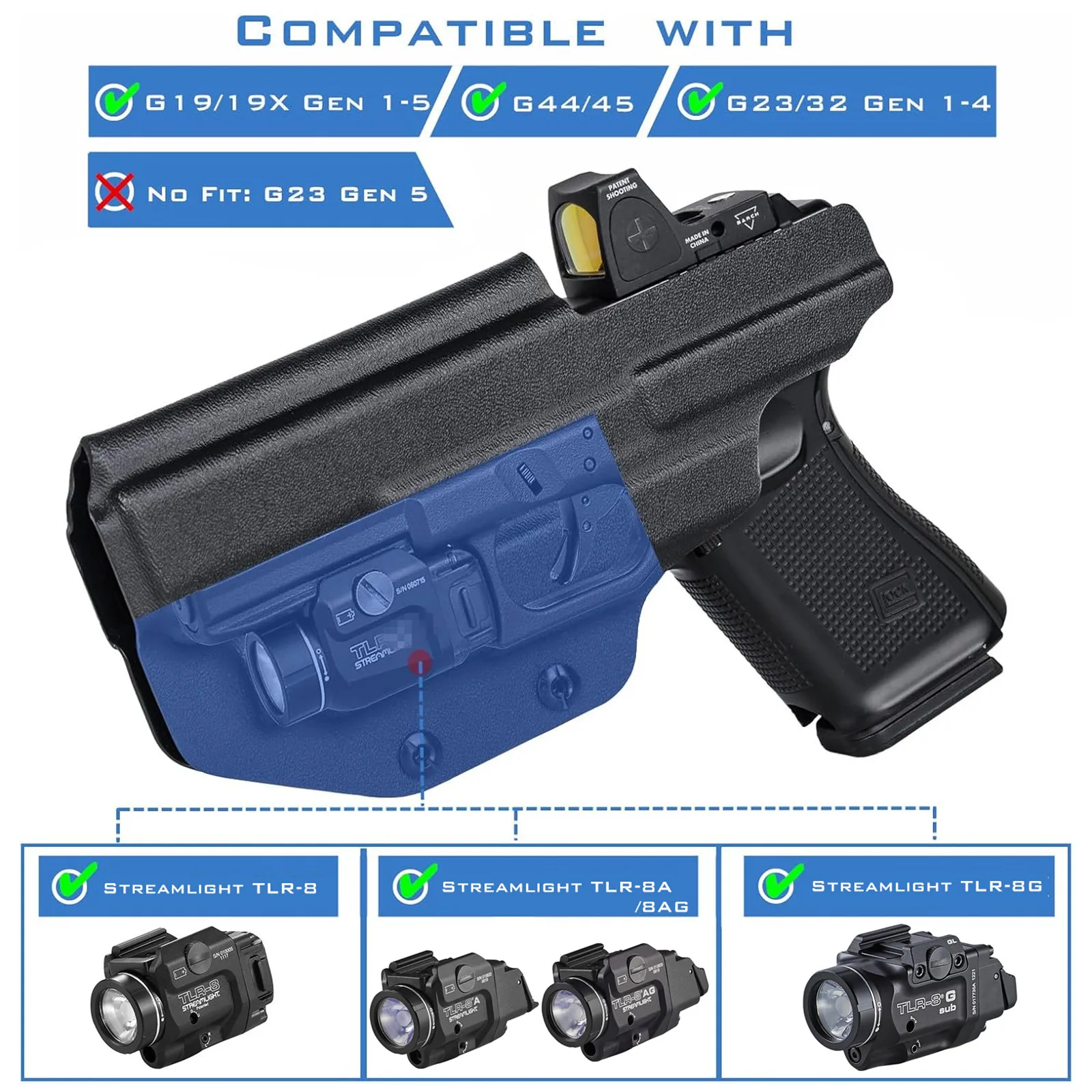 IWB Kydex Holster for Glock 19 23 25 32 44 45 w/ Streamlight TLR-8 8A 8G Tactical Flashlight Inside Waistband Concealed Carry 2