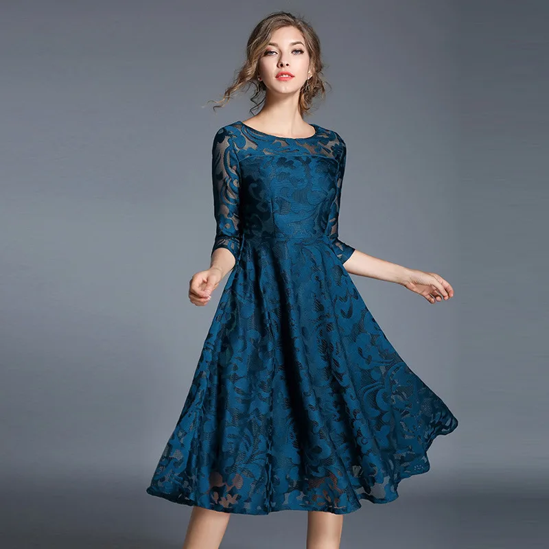 

Spring and Autumn Dress, Large Size Women's Wear, 3/4 Sleeves, Slim Fit, Medium Length, Lace Large Hem Dress