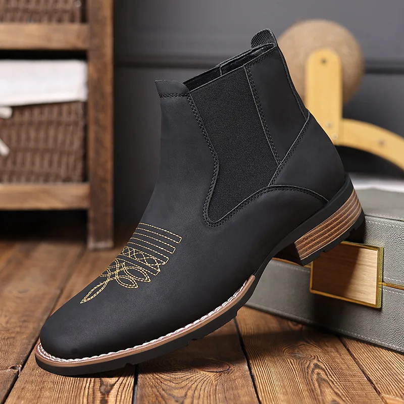 Retro Chelsea Boots Men Shoes PU Brown Embroidery Business Casual British Style Street Urban Wear Classic Black Ankle Boots