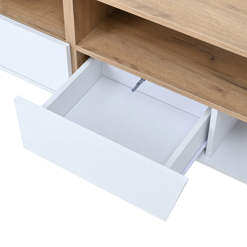180 x 40 x 46 cm großer TV-Schrank mit 2 Schubladen und LED, Hochglanz-Lowboard und TV-Tisch, geeignet für 75-Zoll-Fernseher, Weiß + Holzfarbspleiß – Detail 18