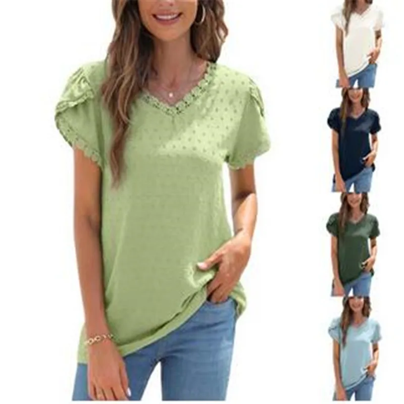 

Womens Petal Short Sleeve Solid Chiffon Shirt V-neck Tops with Lace