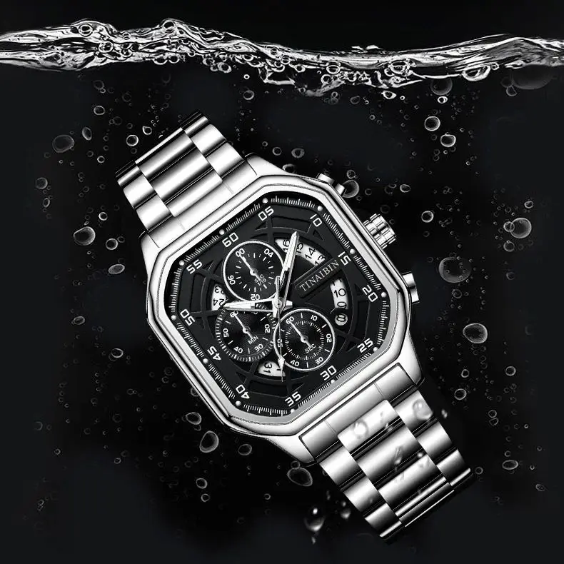 

Three Eyes Polygonal dial 30M Waterproof Arabic numerals Stainless steel Leather Strap Male Clocks Reloj Hombre