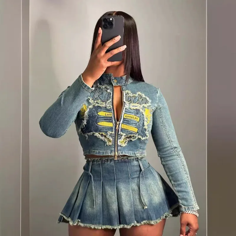 Vintage Embroidery Tassel Denim 2 Piece Set Women Spring Contrast Colors Zipper Crop Top Pleated Mini Skirt Casual Streetwear