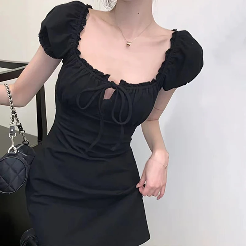 Sexy-Black-Dress-Women-Elegant-Vintage-Puff-Sleeve-Square-Collar-Mini ...