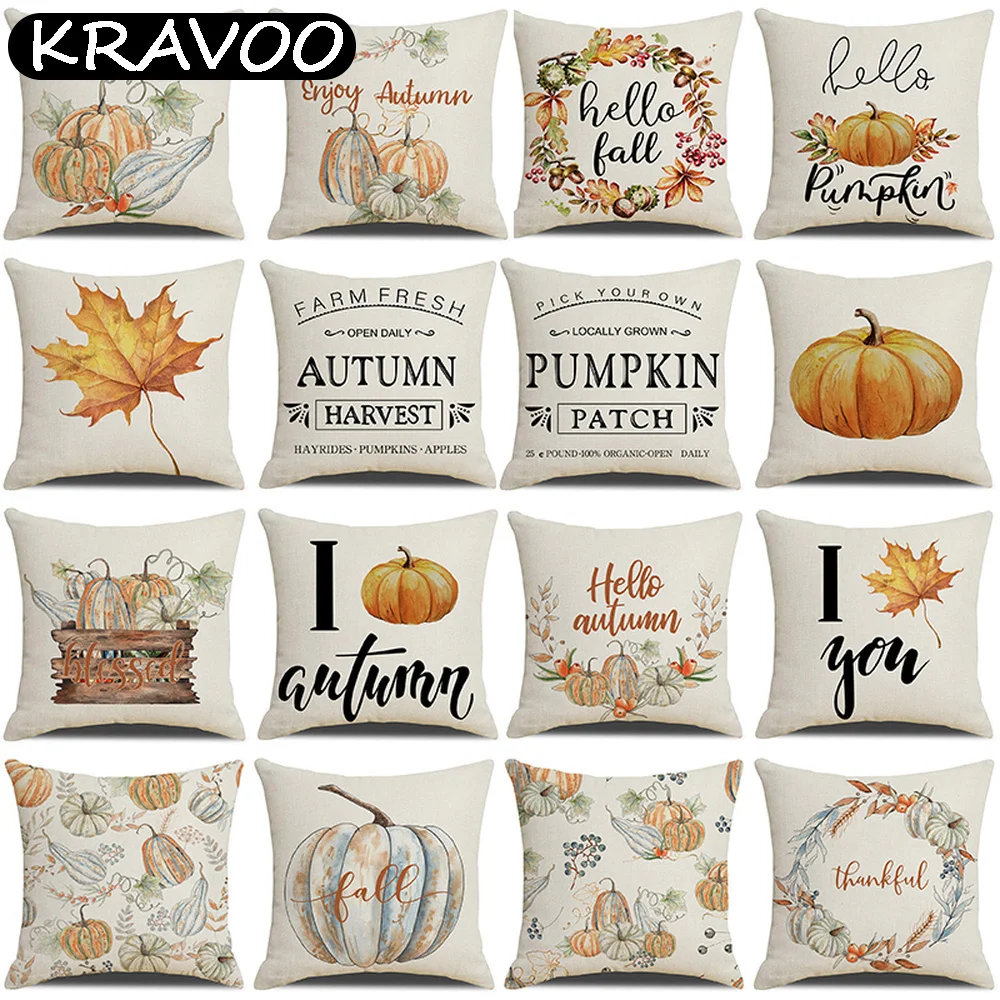 

Thanksgiving Decorative Cushion Cover Fall Decor Pillow Case Letter Pumpkin Maple Leaves Art Pillowcase 45x45cm Funda Cojín