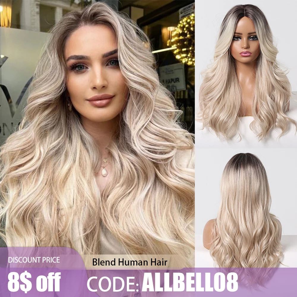 Long Wavy Blend Human Hair Wigs Hairline Lace Frontal Wig Middle Part Blonde Body Wave Wig Dark Root Hair for White Women Daily