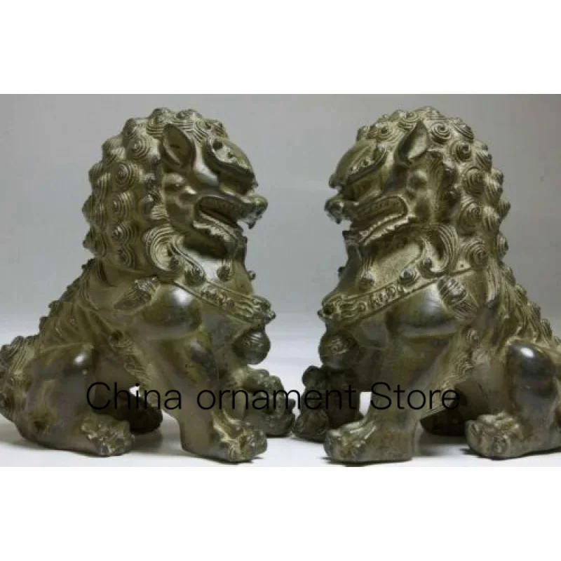 

Antique Bronze Animal Feng Shui Fu Dog Fortune Lion Ball Head Statue Pair