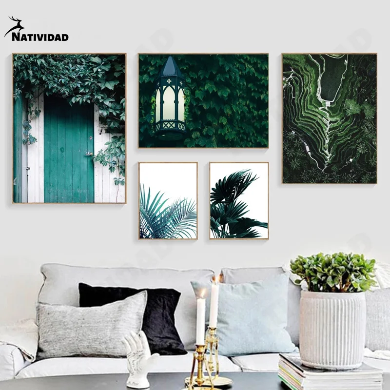 

Green Lake Mountain Forest Posters and Prints Banana Leaves Wall Art Canvas Painting Nordic Pictures Wall for Living Room Decor