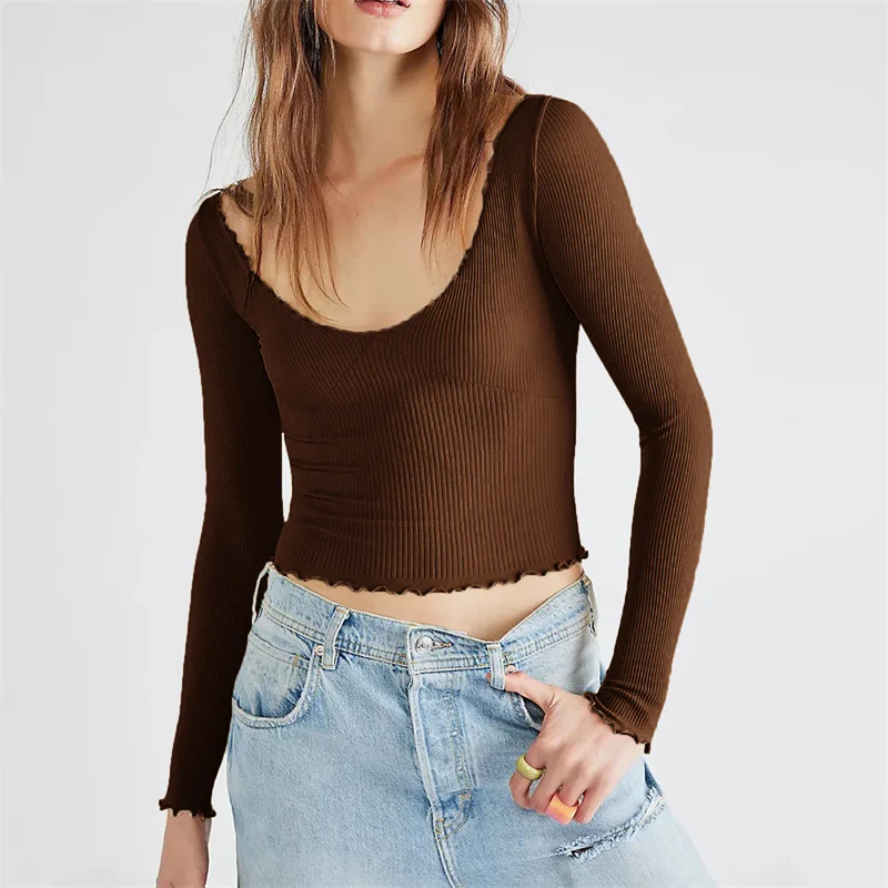 

Long Sleeve Crop Tops y2k Clothing Sexy Women V Neck Lettuce Trim Ribbed T Shirts Pullovers 2000s Aesthetic Clothes Streetwear