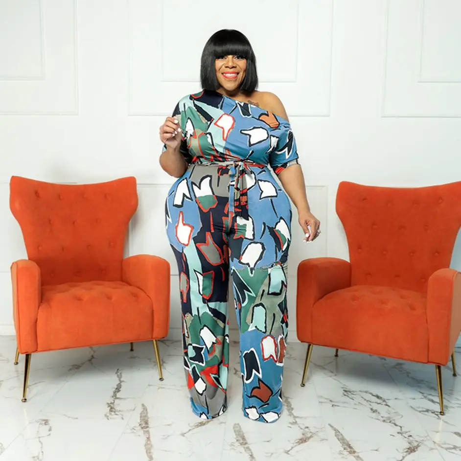Plus Size Summer Woman Jumpsuits Belt Print One Piece Outfit Fashion One Shoulder Club Jumpsuits 2022 Lady Loose Pants Wholesale