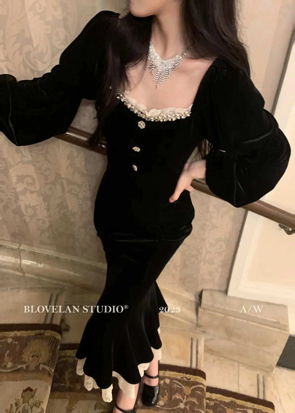 Elegant Black Velvet Midi Dresses for Women Square Collar Slim Bodycon Ruffles Patchwork Fishtail Autumn New Evening Party Dress