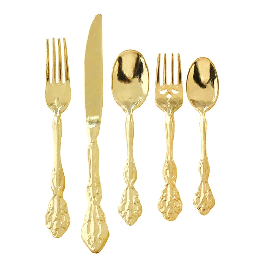 

1:6 Dollhouse Mini Tableware Model Accessories Five Piece Restaurant Cutlery/Knife and Fork for Doll House Decors Gold