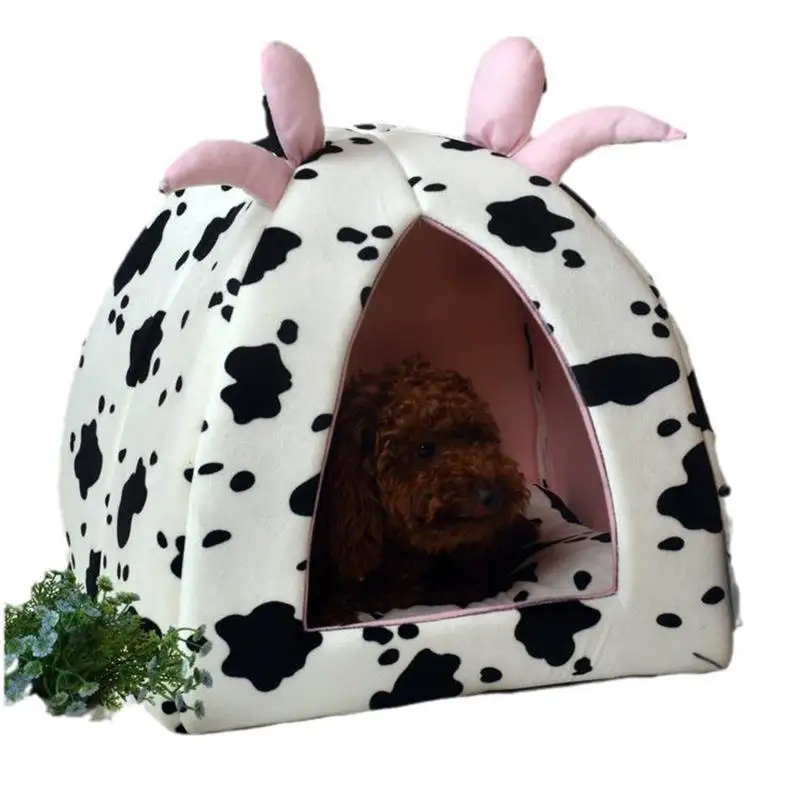 

Cow Pattern Crystal Velvet Cat Bed - Machine Washable/Detachable Pet Cat House Cold/Warm Protection for Indoor Cats