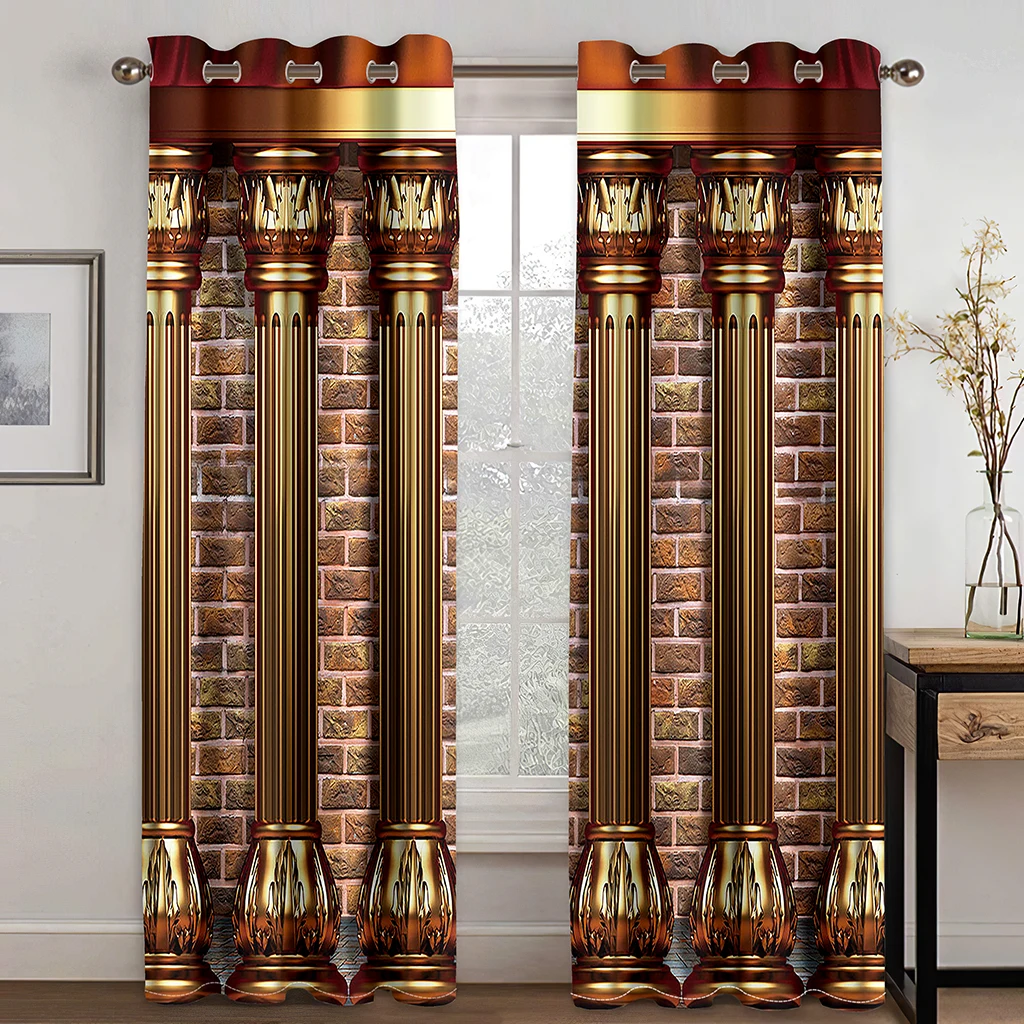

2pcs Golden Roman Post Curtains For Living Room, Light Filtering Window Treatment Set, Jacquard Drapes For Bedroom, Home Decor