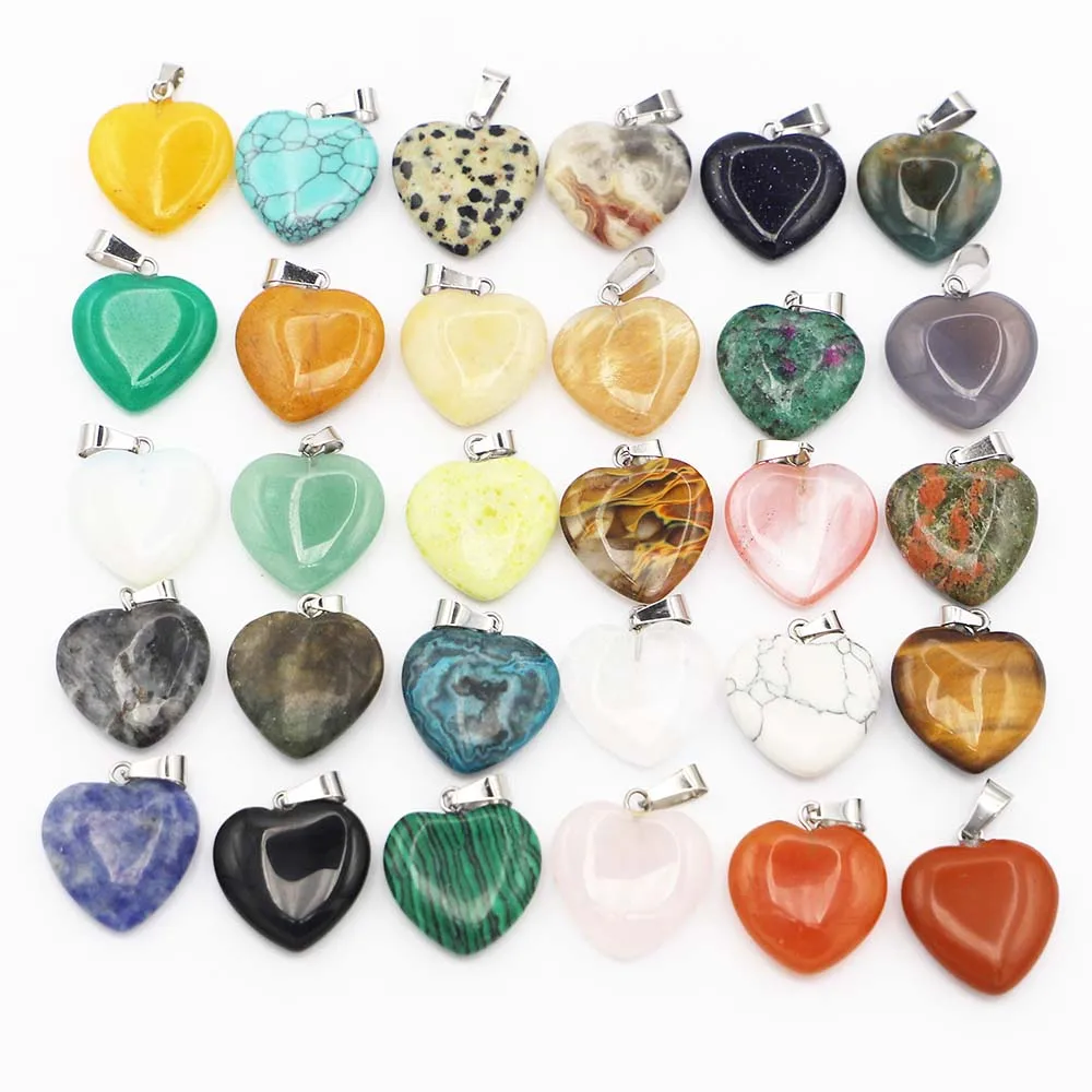 Assorted Fashion Mixed Color Natural&Synthetic Stone Heart Pendant Charm Necklace For Women Jewelry Making 20mm 50pcs Wholesale