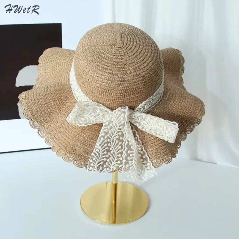 

1pcs Spring And Summer Women's Straw Hat Lace Bow Large Brim Breathable Foldable Sunshade Caps Beach Cap Sweet Fisherman Hat