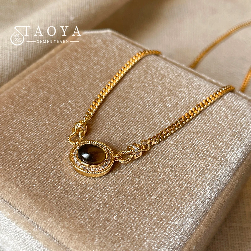 Micro juego de colgante de piedra de ojo de tigre ovalado de circón, collar de cadena de Color dorado, accesorios de joyería de lujo para el cuello de las mujeres, nuevo diseño