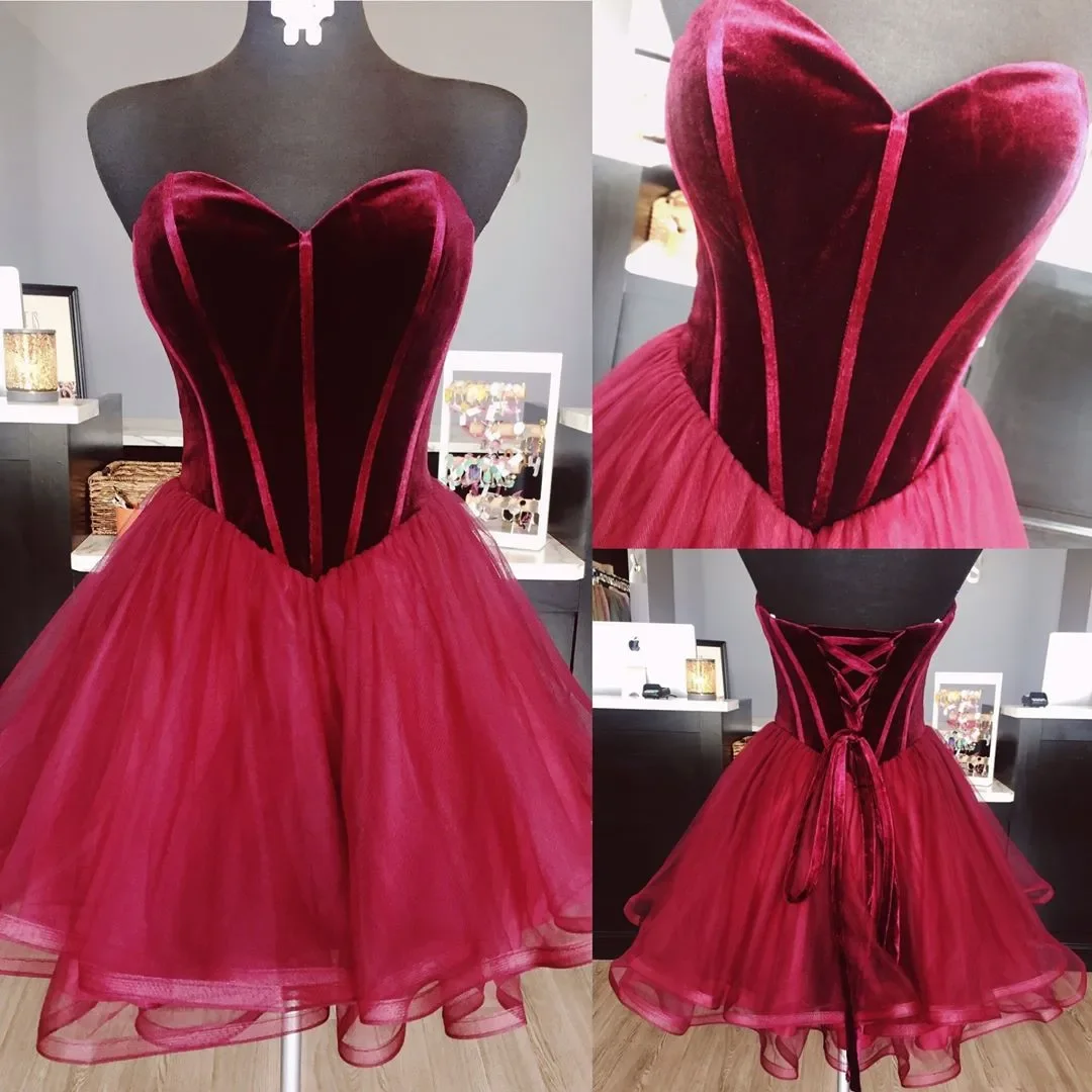 

2024 Burgundy Short Dresses Evening Party Formal Gowns Velvet Sweetheart Organza A Line Corset Back Prom Homecoming Dress Custom