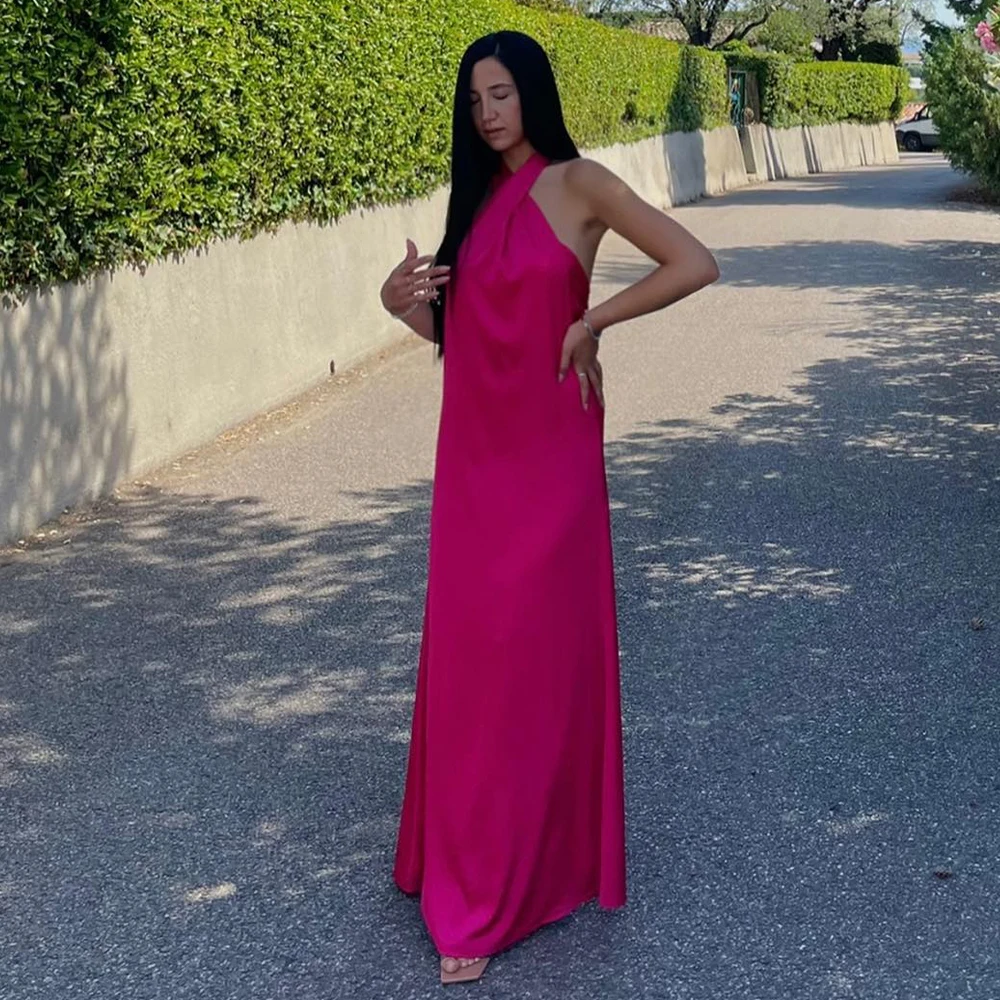

Hot Pink Evening Dress for Woman 2023 Halter A Line Simple Evening Gowns Long Backless Sleeveless Satin Formal Party Dresses