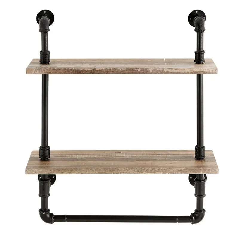 

2-Tier Olivia Pipe Wall Shelf Unit with Hanging Rod Black/Rustic