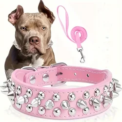 Edgy Leather Spiked Dog Collar & Leash Set - Adjustable - XL (Pink)