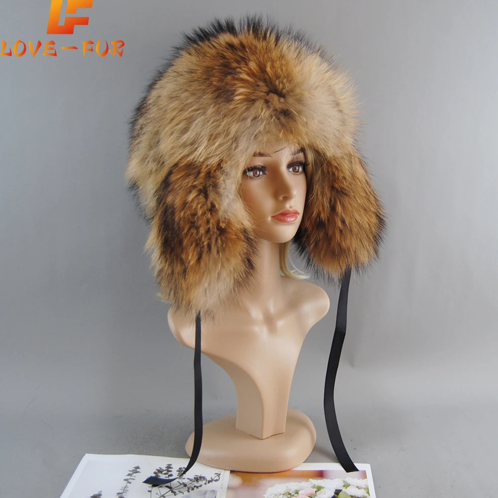 

Raccoon Fur Beanie Hat Real Fur 100% Fox Skin Russian Businessmen Pilot Bombers Full Map Unisex Hat Ushanka Winter Ear Guard Hat