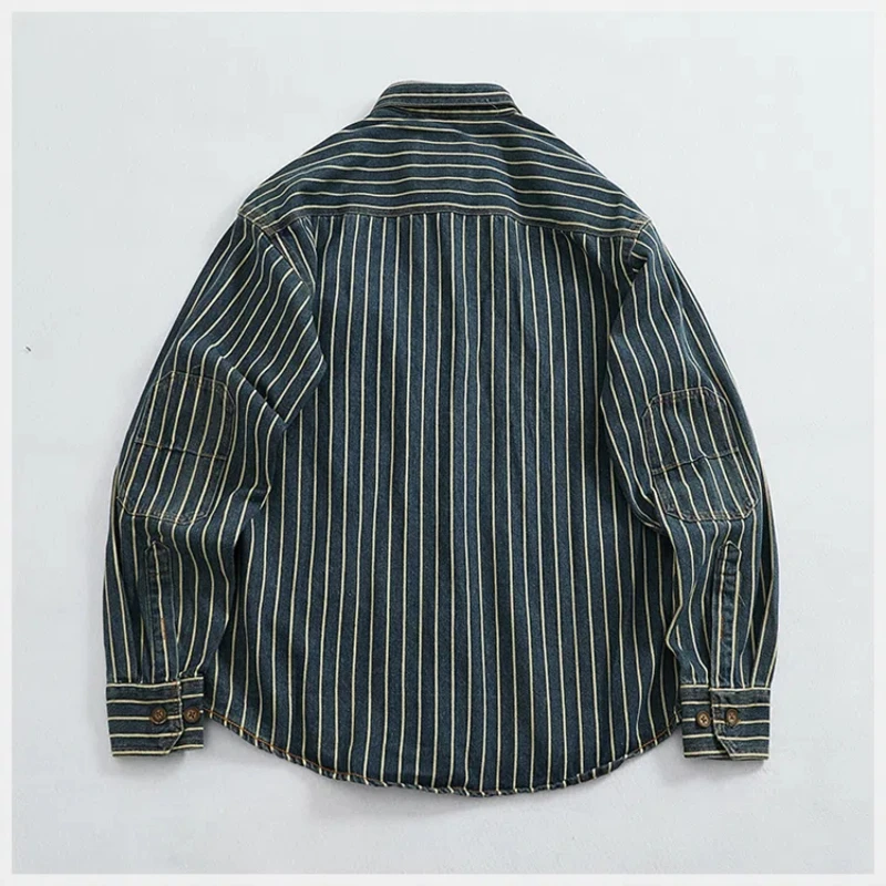 Heavy vertical stripe cargo denim shirt Men do old washed cotton elbow stick cloth lapel long sleeve shirt jacket denim shirt,long sleeved shirt