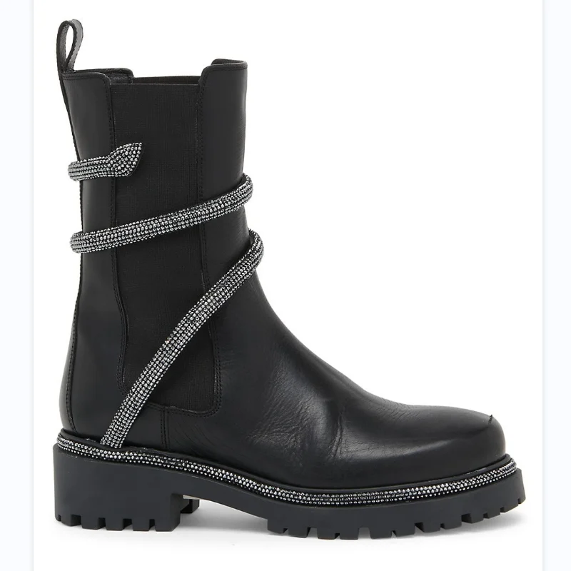 

2022 New Women Shoes Snake-like Chandelier Bmbellished Ankle Boots Round Toe Genuine Leather Black Flat Winter High Quality