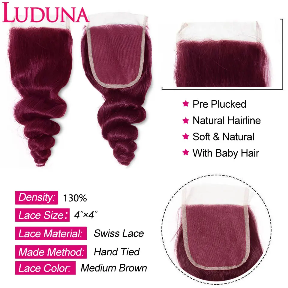 Luduna Burgundy Loose Wave Bundles With Closure 99J Bundles Human Hair With Lace Closure Brazilian Loose Wave Hair Extensions