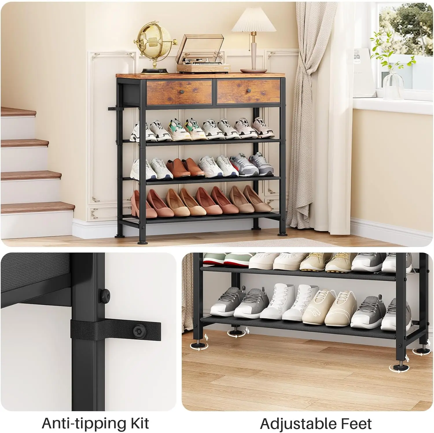 Shoe Rack, 4 Tier Shoe Organizer for 9-12 Pairs of Shoes, with 2 Drawers, 3 Fabric Shelves and Wooden Top 3