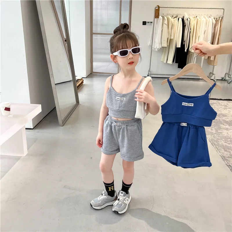 clothes set color	 Girls' Western-Style Leisure Suit 2022 Summer Korean Children'S Letter Embroidered Camisole Shorts Two-Piece Set baby boy clothing sets cheap	