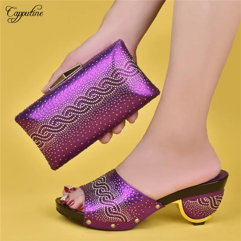 

Purple Woman Shoes And Bag Set To Match Fashion Slippers With Handbag African Ladies High Heels Summer Pumps Purse Clutch118-2