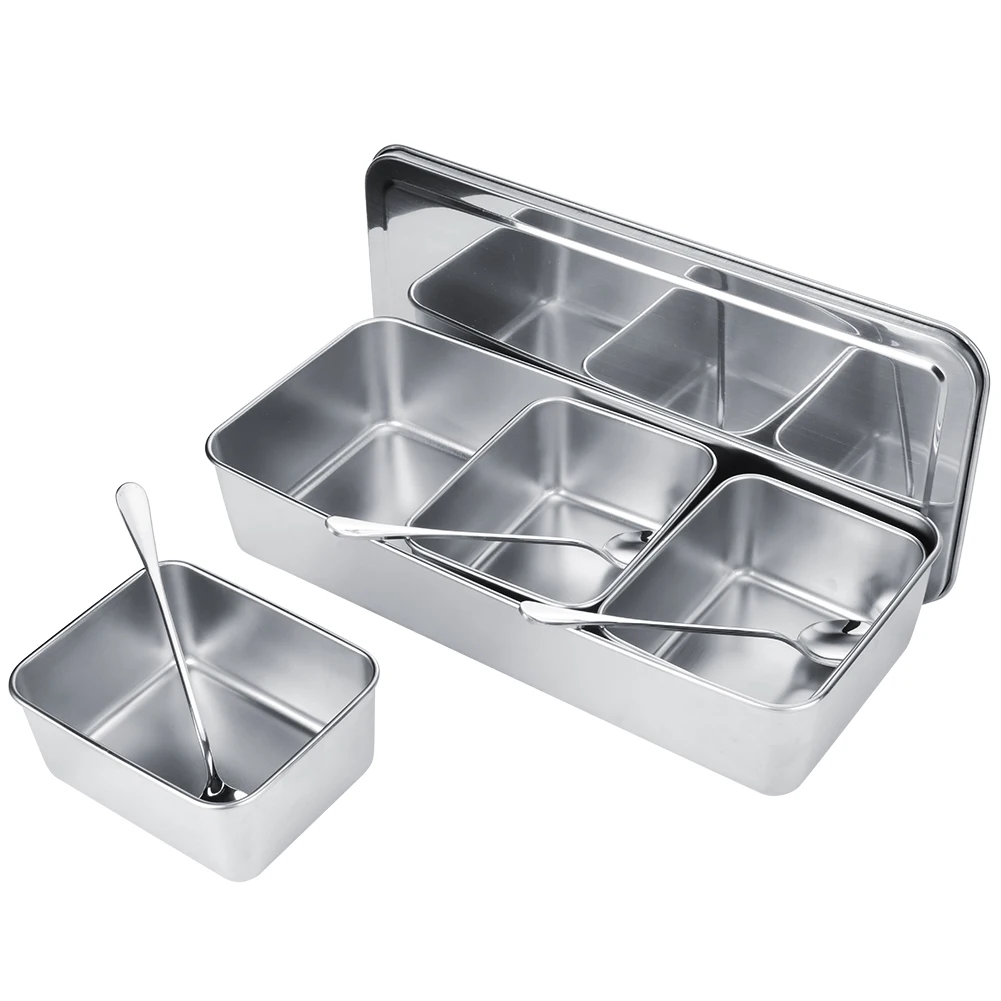 Stainless Steel Seasoning Box 3 Grids Multifunction Spice Container with Spoons Cover for Snacks Flour Dry Goods Fruits