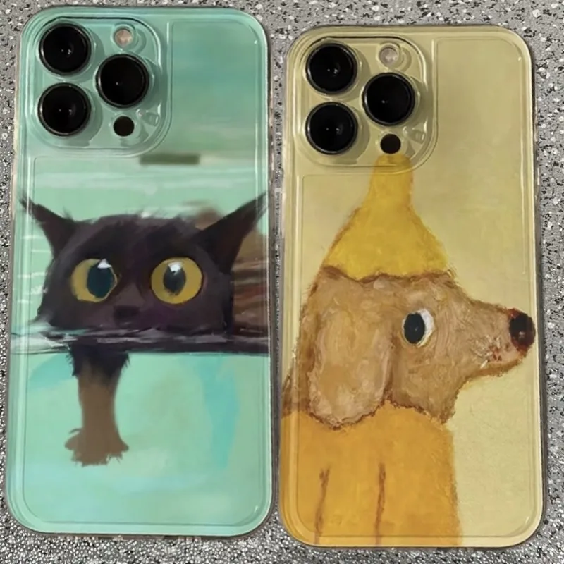 Ölgemälde Gelber Hund Schwarze Katze Handyhülle für iPhone 17 16 15 11 12 14 13 Pro Max Mini X XS XR 7 8 Plus SE4 16e Silica-Abdeckungen