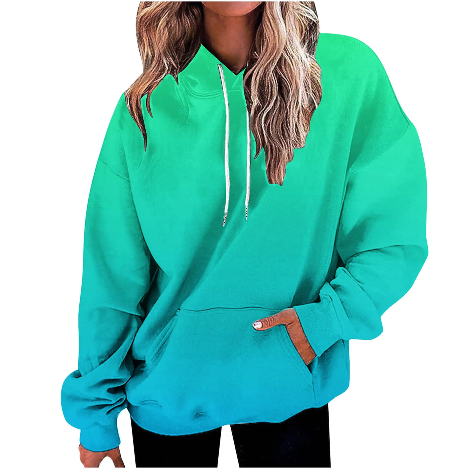 

Chic Gradient Printed Loose Sweatshirts for Women Long Sleeve Hooded Clothes With Pocket Trendy Hoodies for Teen Girls Clothing